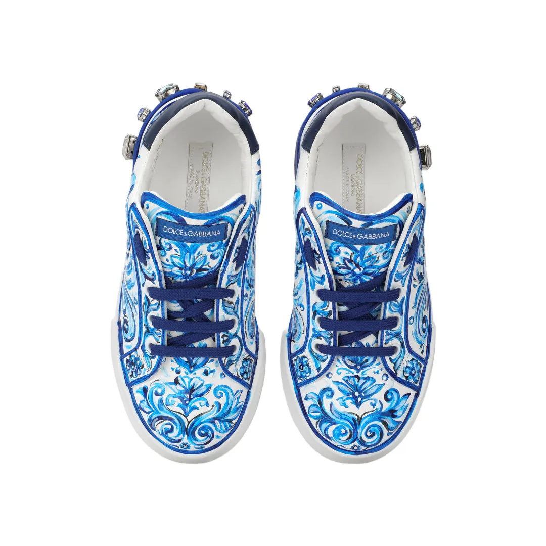 DOLCE & GABBANA KIDS MAJOLICA PRINT PORTOFINO SNEAKER WHITE/BLUE